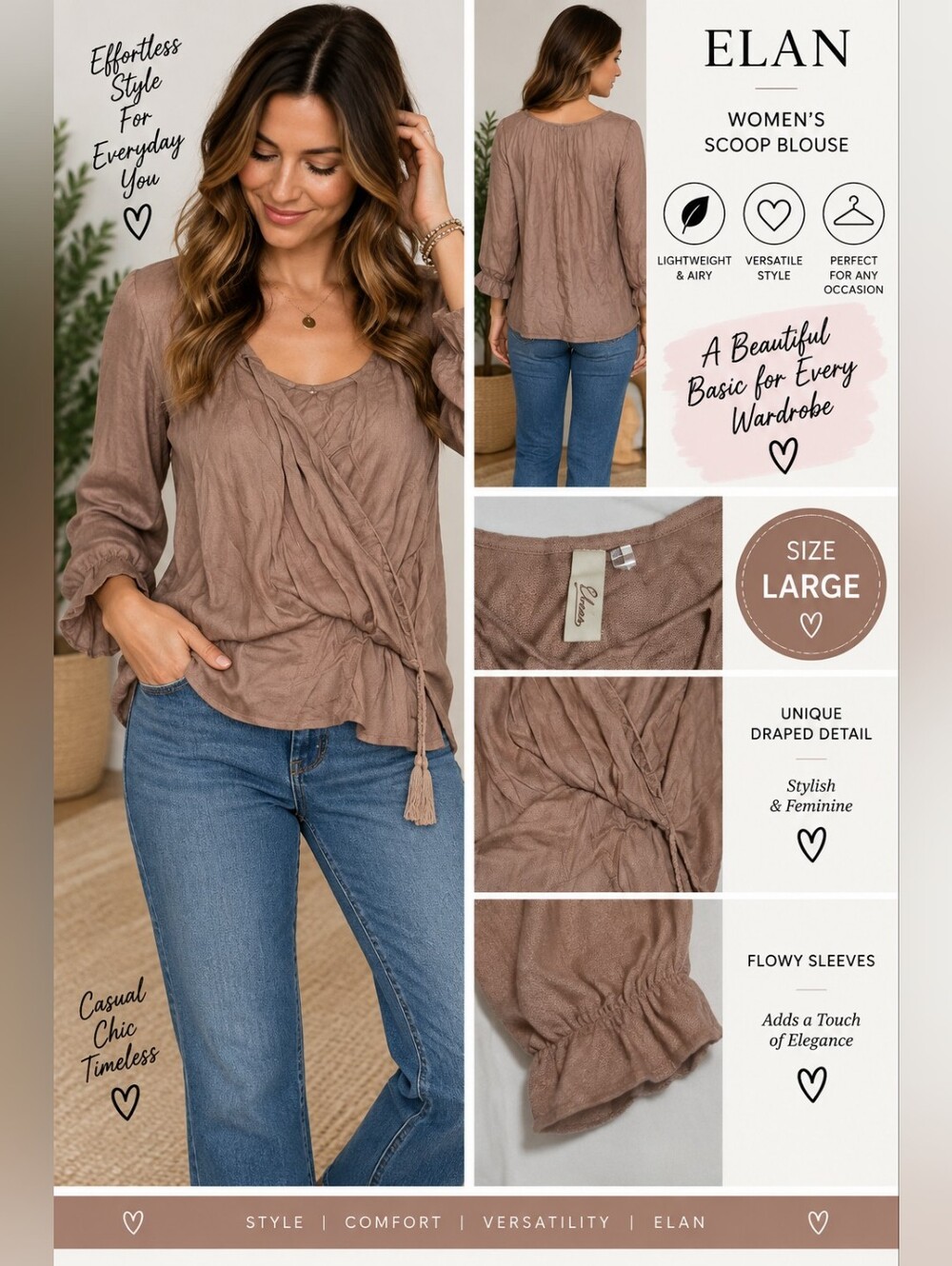 Elan Women's large brown scoop blouse #30